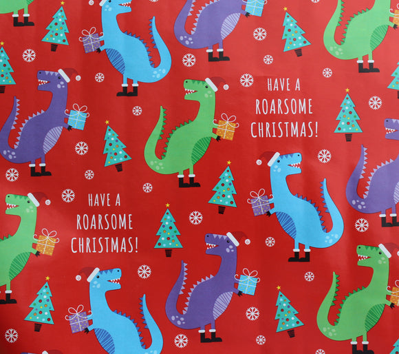 Red T-rex Xmas Gift Wrap Roll 10m